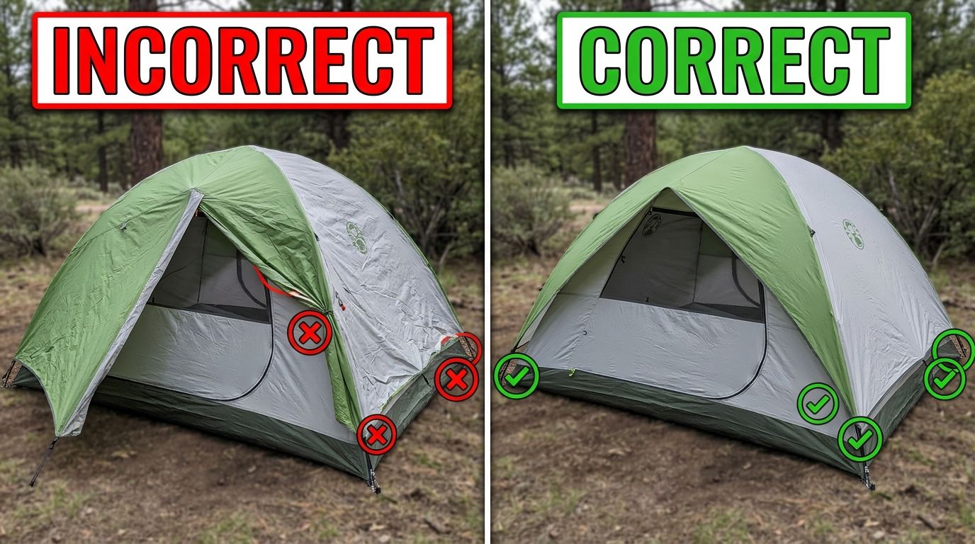 Side-by-side comparison of a tent with the rainfly sagging against the tent body (wrong) versus a properly staked rainfly with a clear air gap (correct)