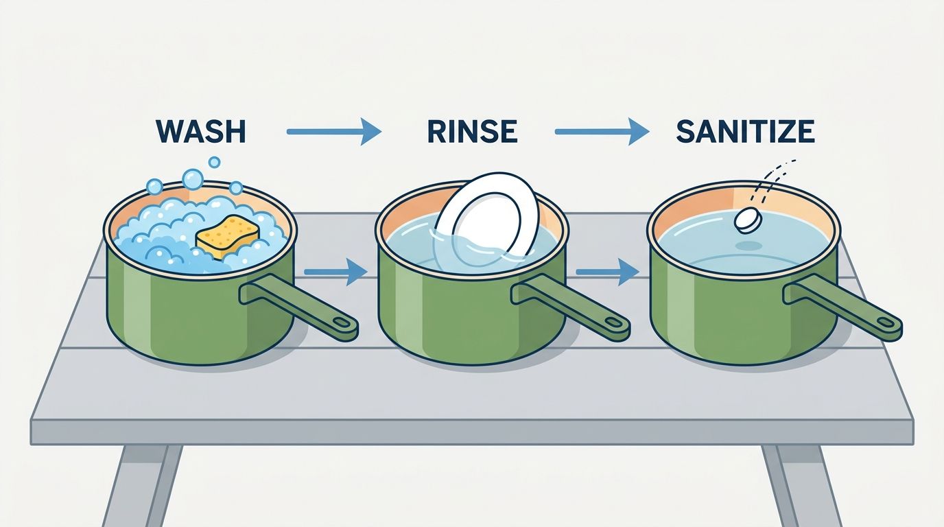 Diagram of the three-pot dishwashing method: wash, rinse, and sanitize pots in a row