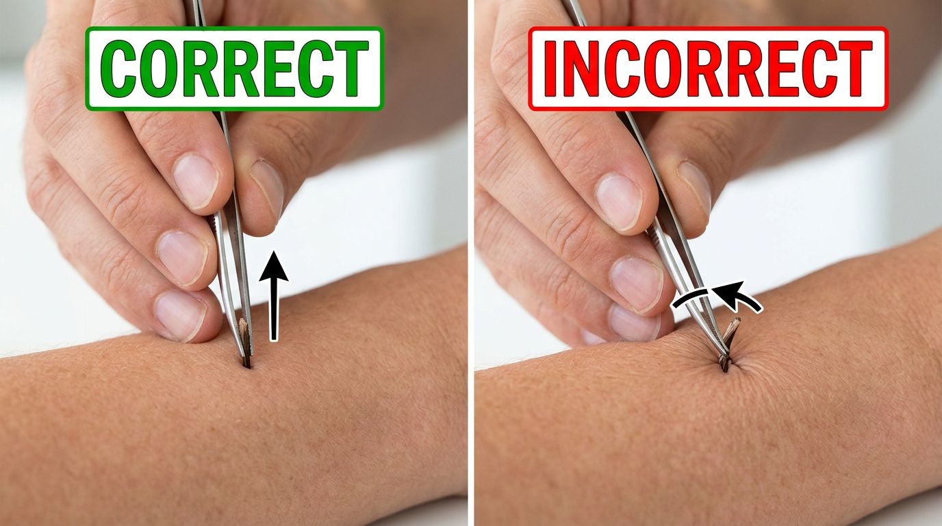 Comparison showing correct tweezer grip close to the skin and a straight upward pull versus an incorrect twisting motion