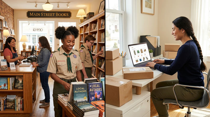 A side-by-side split image: on the left, a welcoming small-town bookstore with customers browsing shelves; on the right, a person shopping on a laptop at home with packages being delivered