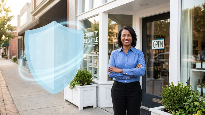 A business owner standing confidently outside a small shop, with a translucent shield graphic overlaying the scene symbolizing insurance protection