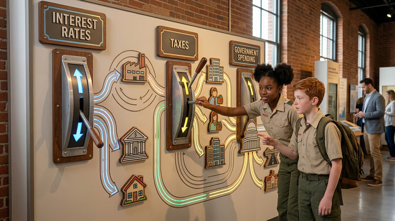 A clear, simple illustration showing three levers labeled Interest Rates, Taxes, and Government Spending, each connected by arrows to icons representing businesses, consumers, and the government