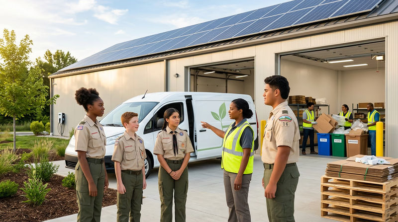 A split-scene showing a business warehouse with solar panels on the roof and an electric delivery van being loaded, while workers sort recyclable packaging materials inside