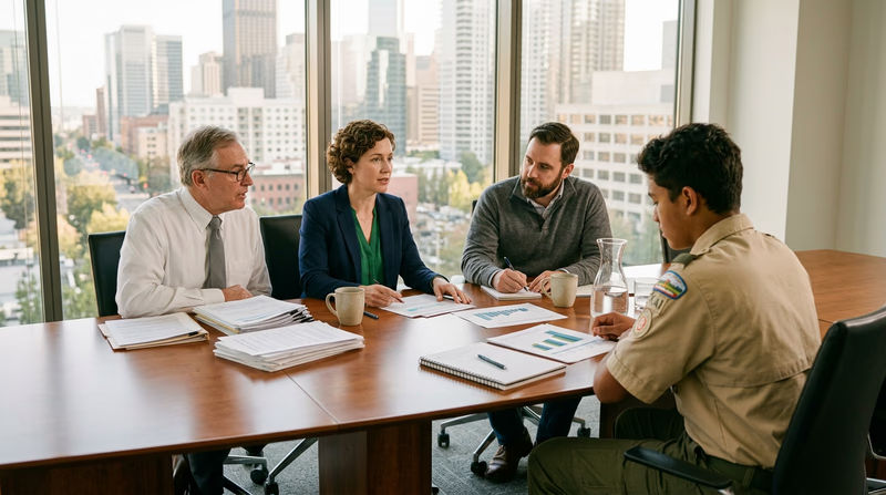 Union representatives and business managers sitting across a conference table engaged in collaborative negotiation, with documents and charts between them