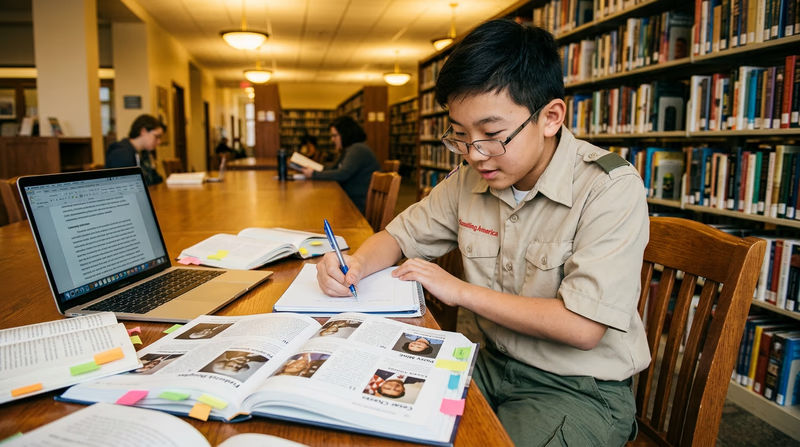 A Scout at a library table with books and a laptop open, researching notable Americans from different backgrounds, with sticky notes and a notebook nearby
