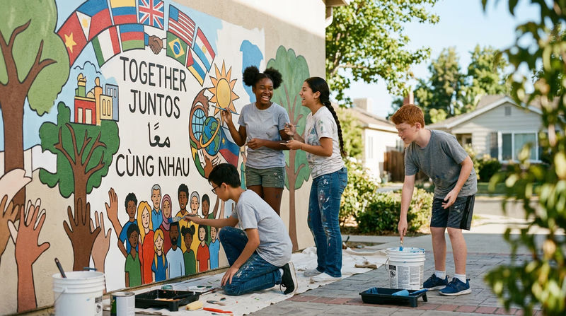 Scouts from diverse backgrounds working together on a community service project, painting a mural that celebrates cultural diversity in their neighborhood