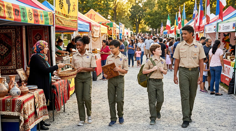 Scouts attending an outdoor cultural heritage festival with booths displaying art, food, and traditional clothing from different ethnic communities
