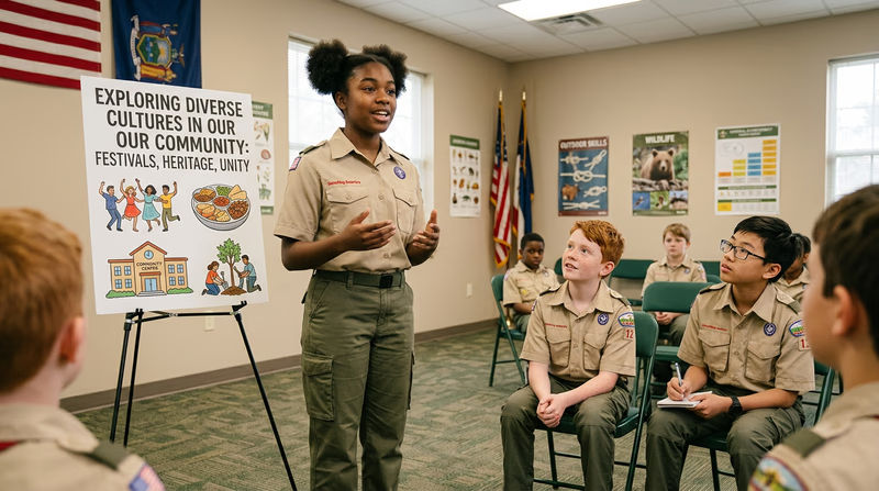 A Scout standing confidently in front of a troop meeting, gesturing while giving a talk, with a simple visual aid on an easel behind them