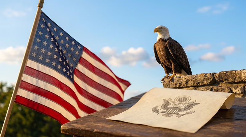 A collage of American symbols including the American flag waving, the Great Seal of the United States, and the bald eagle, set against a blue sky