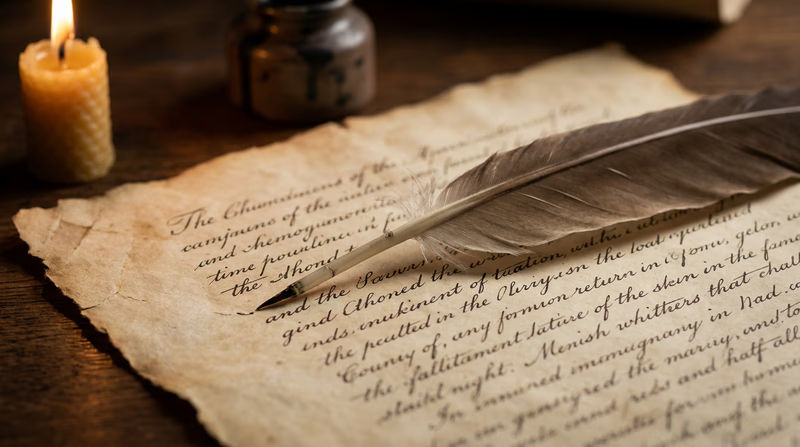 A close-up of a quill pen resting on aged parchment with handwritten text, evoking the signing of the Declaration of Independence