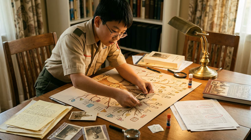 A Scout working on a family tree poster on a large table, with old photographs and documents spread around them