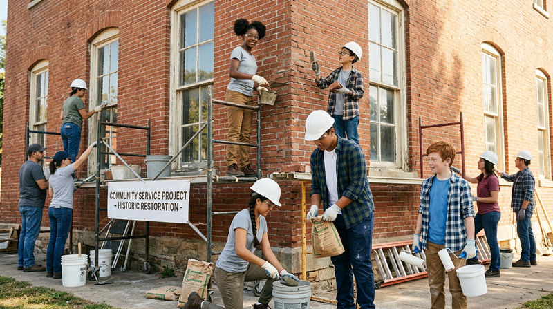 Volunteers working together to restore the exterior of a historic brick building, with scaffolding and tools visible