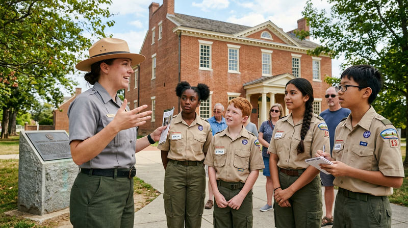 A National Park Service ranger in uniform giving a presentation to a group of visitors at a historic site, with a historic building in the background