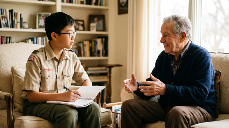 A Scout sitting across from a veteran in a living room, holding a notebook and listening attentively during an interview