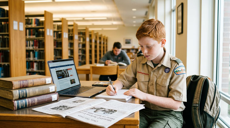A Scout sitting in a library reading a newspaper, with historical books and a laptop on the table nearby
