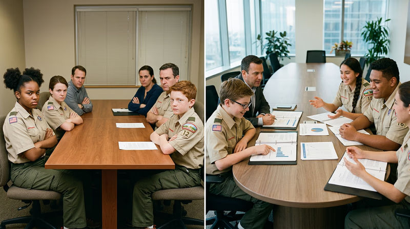 A split illustration: on the left, two groups facing each other across a table with arms crossed (adversarial); on the right, both groups collaborating on the same side of the table (cooperative)