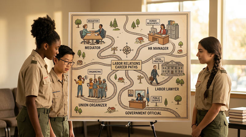 An illustrated career map showing different labor relations career paths branching out from a central point, with icons representing roles like mediator, HR manager, union organizer, labor lawyer, and government official