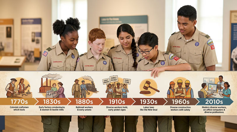An illustrated horizontal timeline showing key labor milestones from the 1770s to the present, with small icons representing events like early craftsmen, factory workers, picket lines, and modern workers