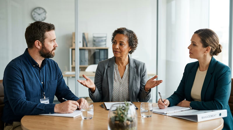 A mediator at a small round table with a union representative on one side and a management representative on the other, all engaged in discussion