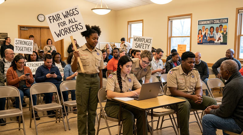 A diverse group of young workers at a community meeting, some holding signs about fair wages, others looking at laptops and phones, representing modern labor organizing