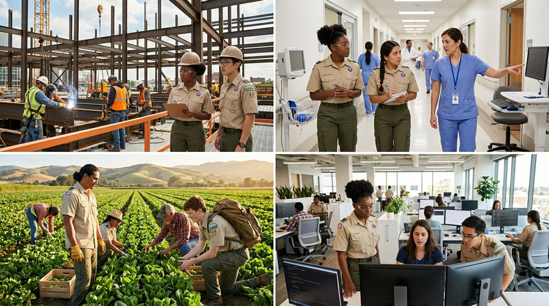 A split-panel illustration showing four different workplaces: a construction site, a hospital, a farm field, and a modern office with computers