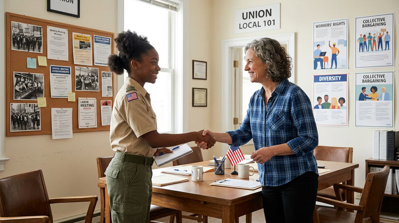 A Scout in clean uniform shaking hands with a union representative in an office, with labor posters and a meeting table visible in the background