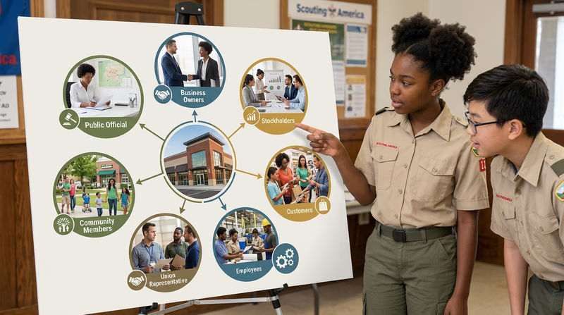 An illustrated diagram showing a business at the center with lines connecting to different stakeholder groups: owners, stockholders, customers, employees, union representatives, community members, and public officials