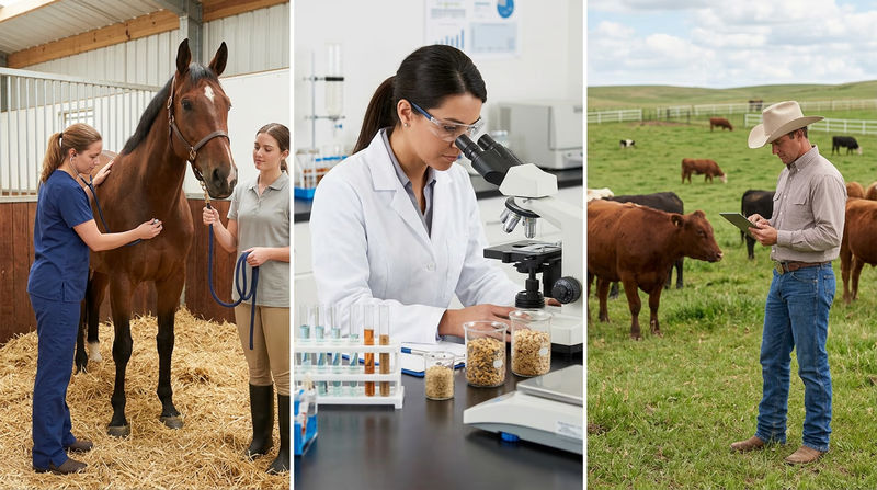 A collage showing three animal science careers: a veterinarian examining a horse, a nutritionist analyzing feed samples in a lab, and a ranch manager checking cattle in a pasture