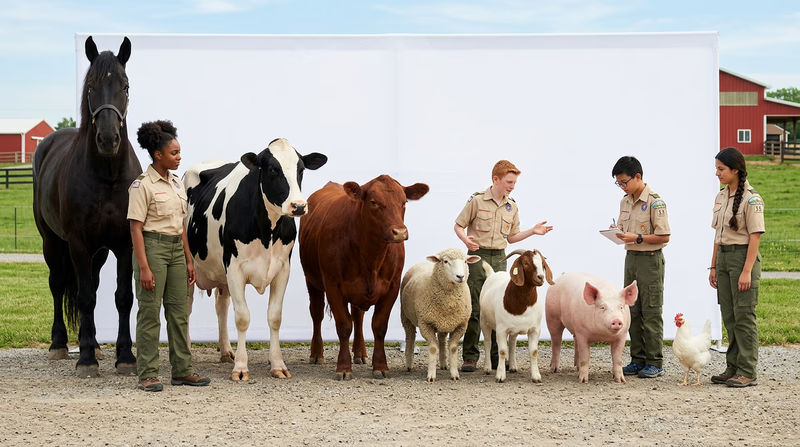 A visual comparison showing representative animals from each of the seven livestock categories: a horse, dairy cow, beef cow, sheep, hog, chicken, and goat standing side by side