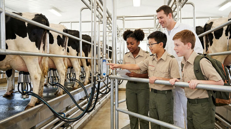 Interior of a modern dairy milking parlor showing Holstein cows being milked in a herringbone configuration, with clean stainless steel equipment and a worker monitoring the process