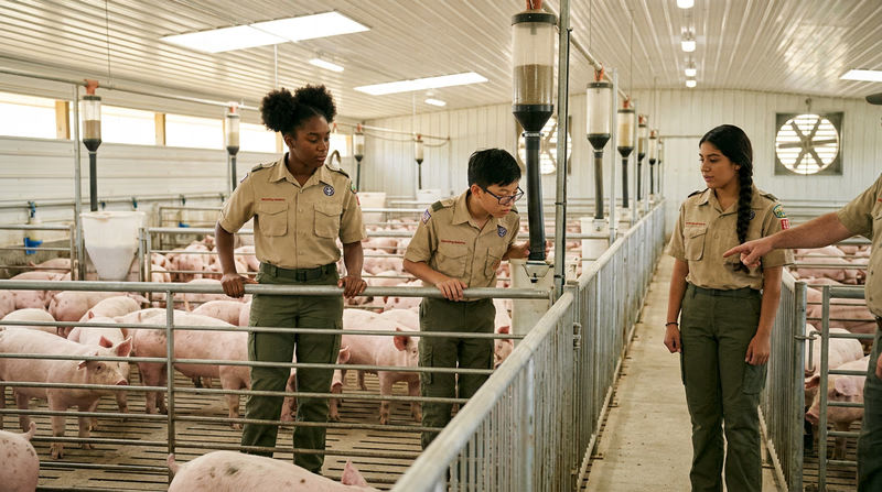 Interior of a clean, well-ventilated hog barn showing pigs in pens with automated feeders and waterers, with good lighting and slatted flooring