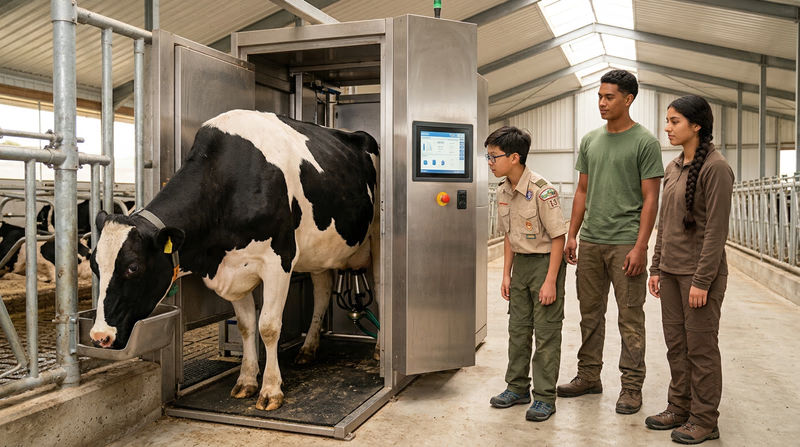 A modern dairy barn interior showing a robotic milking system with a cow voluntarily entering the milking stall, with a digital display screen showing milk production data