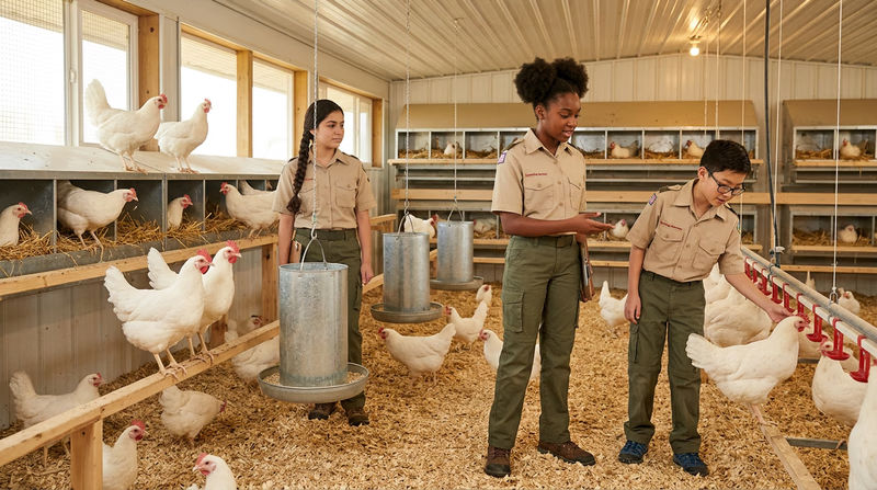 Interior of a well-designed layer house showing hens on roosts, nest boxes along the wall, tube feeders suspended from the ceiling, and nipple waterers, with good lighting and clean litter on the floor