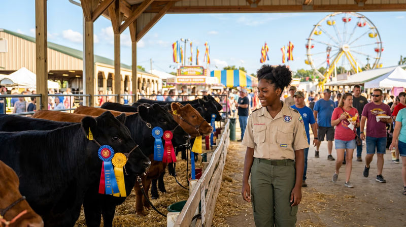 A Scout in a clean uniform standing at a county fair livestock exhibition, looking at a row of cattle with blue ribbons, with other fairgoers and barns in the background