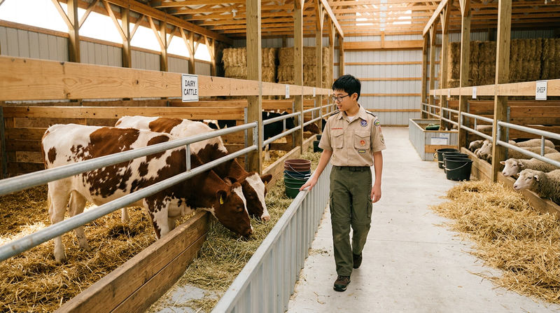 A Scout in a clean uniform walking through a well-kept livestock barn, observing cattle and sheep in their pens