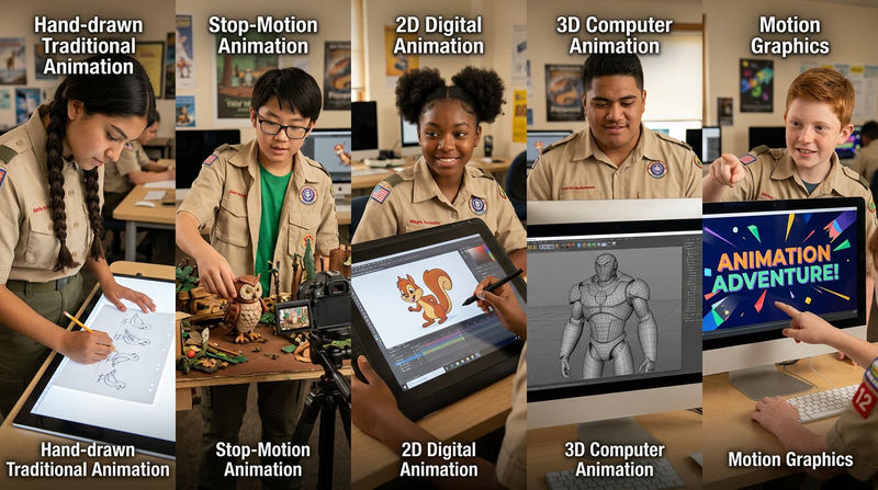 A split-panel collage showing five animation styles side by side: a hand-drawn pencil sketch of a character, a clay stop-motion figure on a miniature set, a colorful 2D digital character on a tablet screen, a 3D CGI robot model with wireframe visible, and a motion graphics title card with animated text
