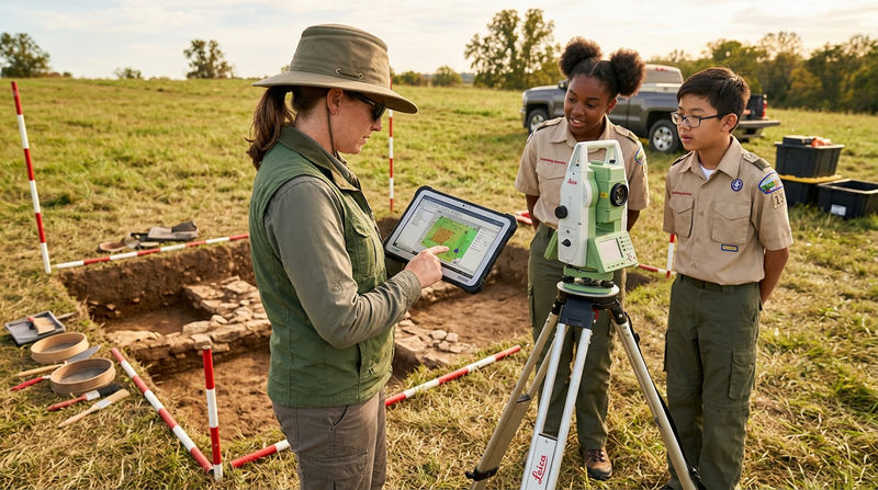 An archaeologist working in the field with modern technology: using a tablet with GIS mapping software near an excavation unit, with survey equipment visible in the background