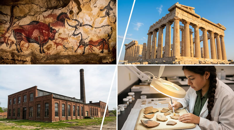 A collage showing different types of archaeology: a prehistoric cave painting, a classical Greek temple ruin, an industrial-era factory building, and a researcher examining pottery in a lab