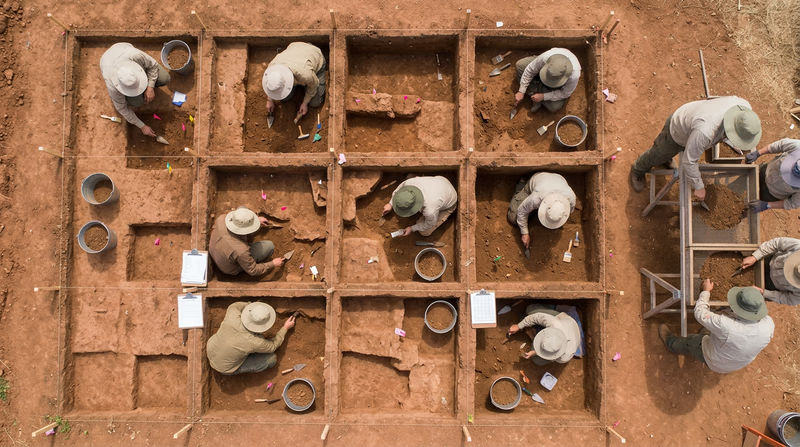An overhead view of an archaeological excavation showing a grid system of one-meter squares, with archaeologists carefully working in different units using trowels and brushes