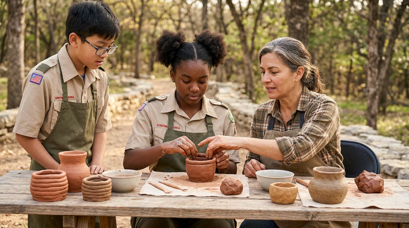 A Scout under instructor supervision carefully shaping a clay pot using the coil method, with finished examples of ancient-style pottery visible on a worktable nearby