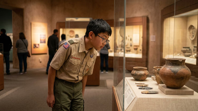 A Scout carefully examining a pottery display in a museum, with glass cases containing labeled artifacts and informational panels visible in the background