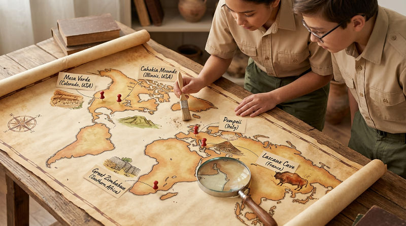 A stylized world map with five archaeological sites marked with pins and labels, showing locations across different continents