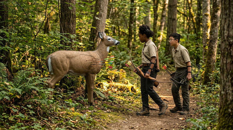 A foam deer target on a wooded 3-D archery course, surrounded by trees and natural terrain