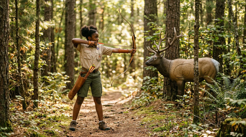 A Scout on a wooded 3-D archery course, aiming a recurve bow at a foam elk target partially concealed by trees, with dappled sunlight filtering through the canopy