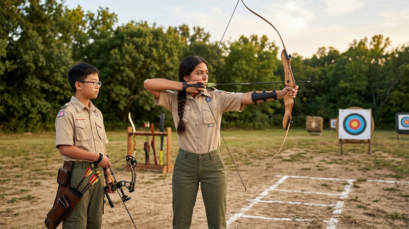 A Scout at full draw on a calm archery range, eyes focused intently on the target, demonstrating the concentration and stillness of a well-executed shot