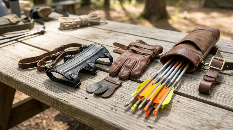 A neat arrangement of archery accessories on a table: a leather finger tab, an arm guard, a shooting glove, and a hip quiver with arrows, all laid out for inspection