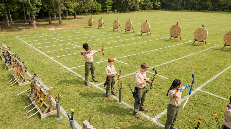 An overhead view of a well-organized outdoor archery range showing the shooting line, target line with backstop, and safety buffer zones clearly marked