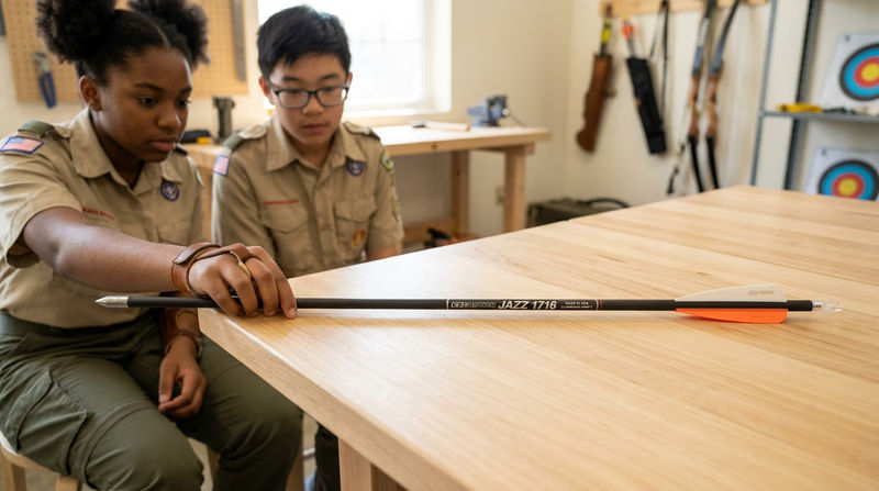 A detailed side view of a complete arrow with all major parts clearly visible: point, shaft, fletching/vanes, nock, and index fletching, laid on a clean surface