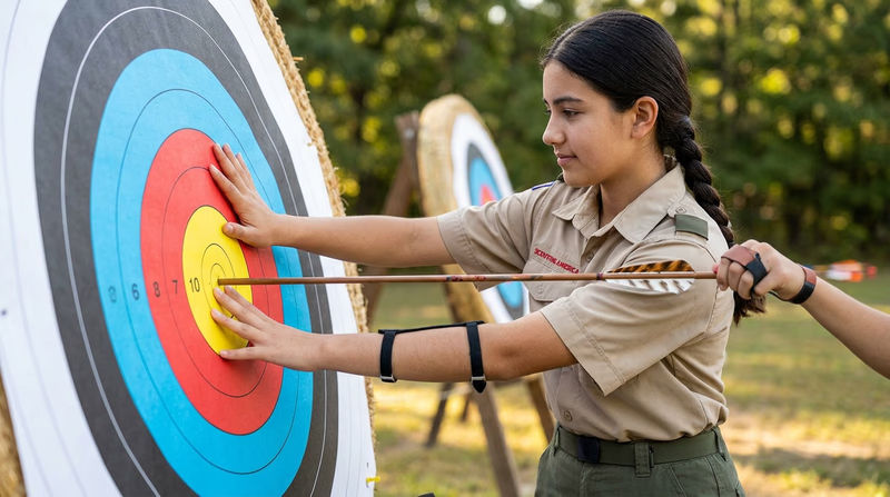 Close-up of a Scout pulling an arrow from a target using proper technique, one hand bracing the target face and the other gripping the arrow shaft near the target