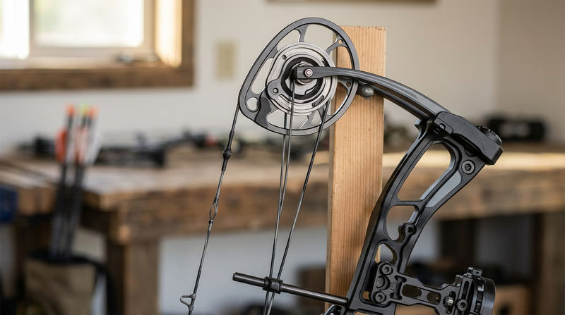 Close-up of a compound bow's cam system showing the upper cam, cables, and bowstring, with the limb and riser visible